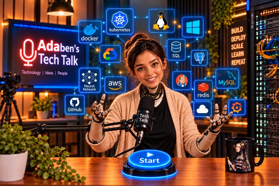 Adaben, a friendly robot host, at a podcast desk surrounded by tech logos